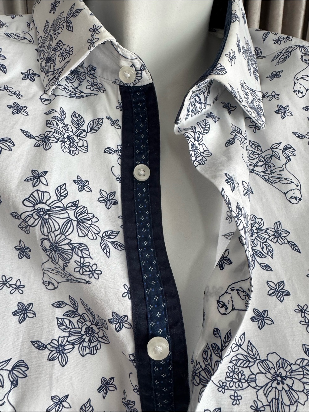 Men's White Button-Down Shirt with Navy Floral Print